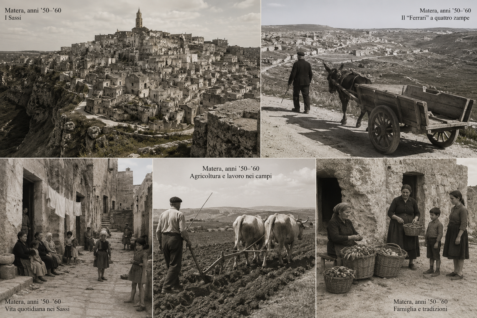 Illustrative Bildmontage: Matera in den 1950er- und 1960er-Jahren - Sassi, Landleben, Familie
